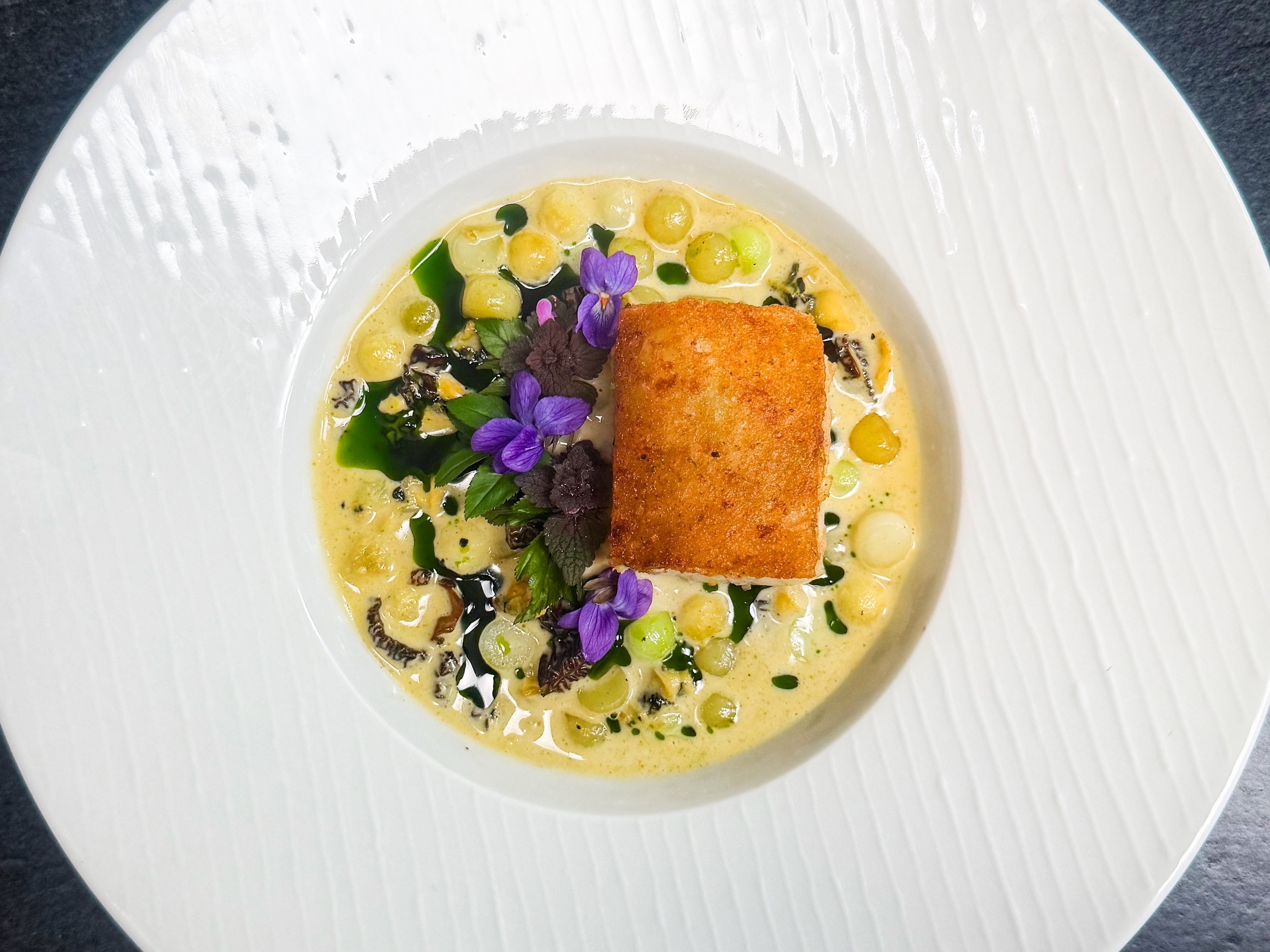 Sautéed Cod on Bread with Ramson Oil and Rich Mussel Sauce